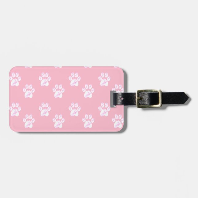 Cute white paw pattern on pink luggage tag (Front Horizontal)