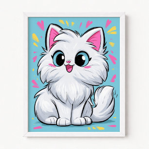 Cute White Persian Cat Pop Art Cartoon Poster
