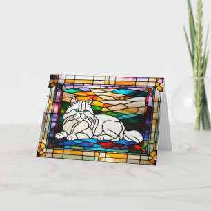 Cute White Persian Cat Stained Glass Card
