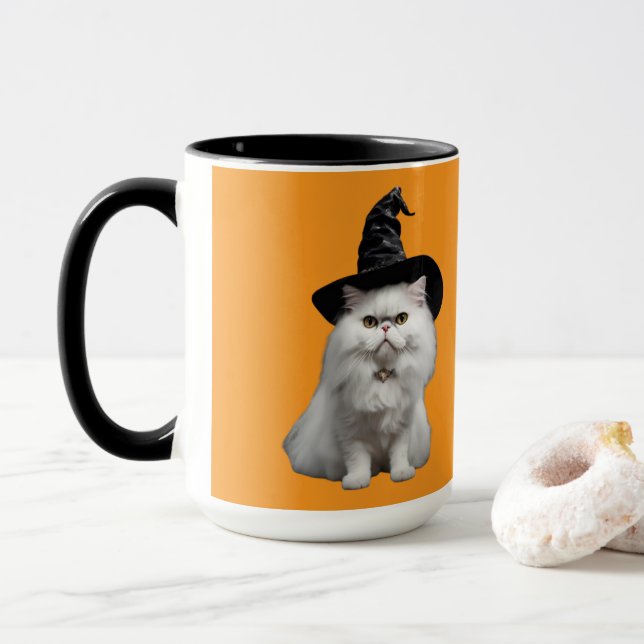 Cute White Persian Witch Halloween Mug (With Donut)
