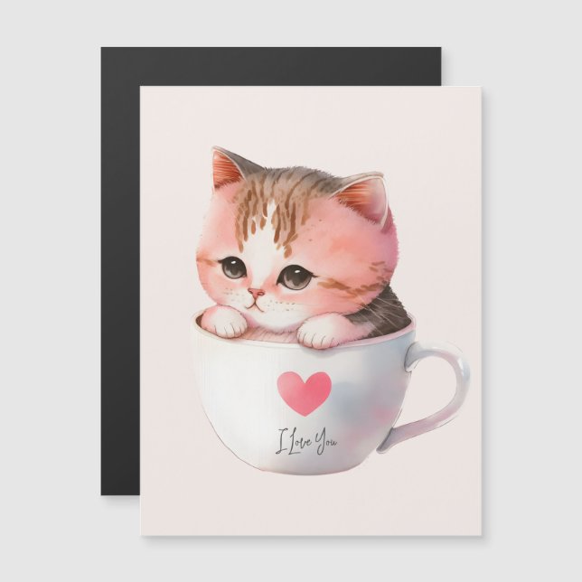 Cute White-Pink Cat in a Tea Cup (2) (Front/Back)
