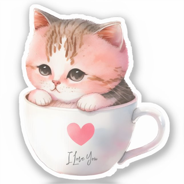 Cute White-Pink Cat in a Tea Cup (2) (Front)