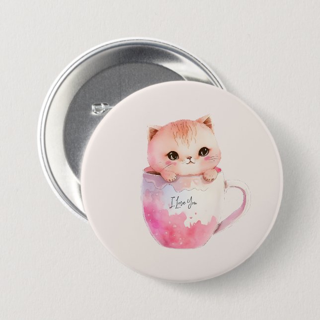 Cute White-Pink Cat in a Tea Cup (2) 7.5 Cm Round Badge (Front & Back)