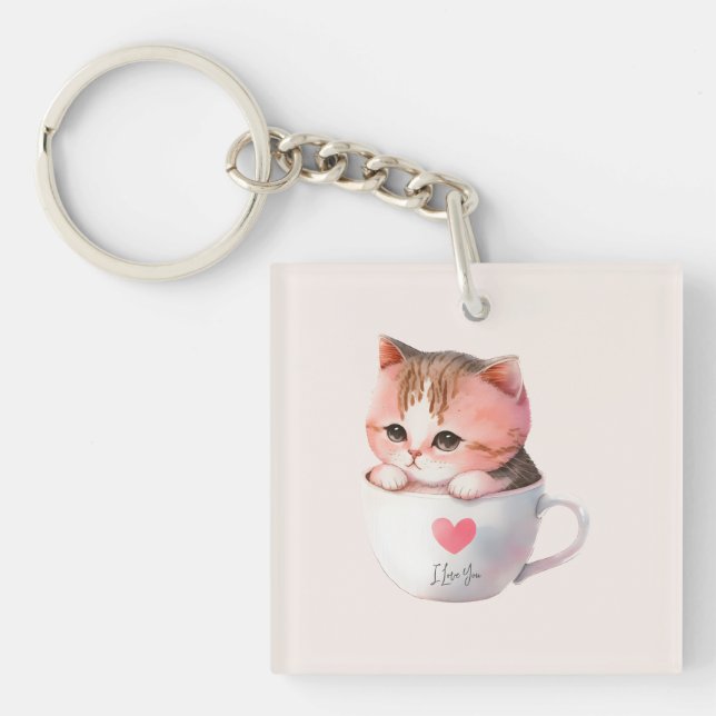 Cute White-Pink Cat in a Tea Cup (2) Key Ring (Front)