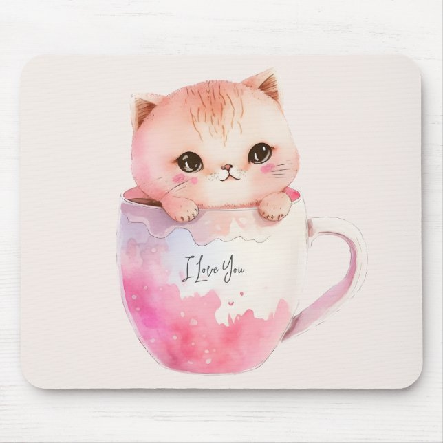 Cute White-Pink Cat in a Tea Cup (2) Mouse Pad (Front)