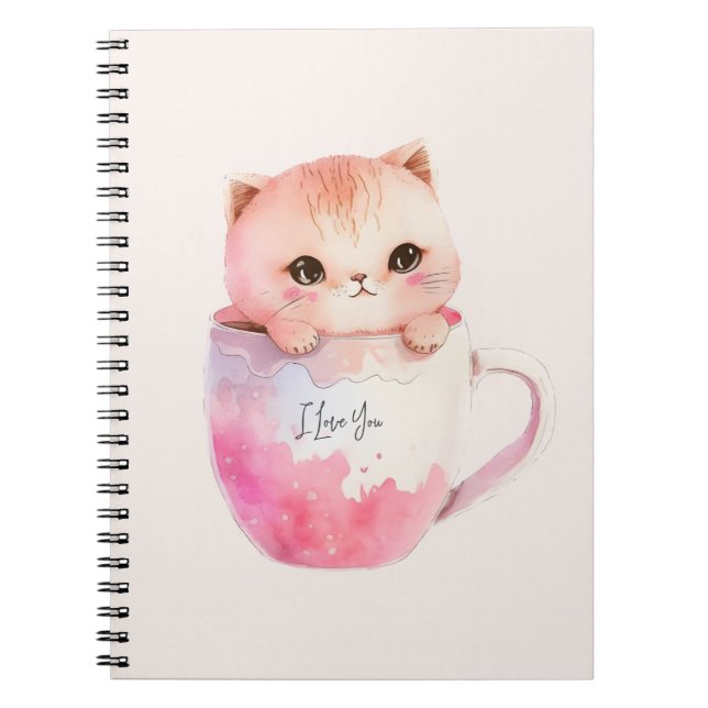 Cute White-Pink Cat in a Tea Cup (2) Notebook (Front)
