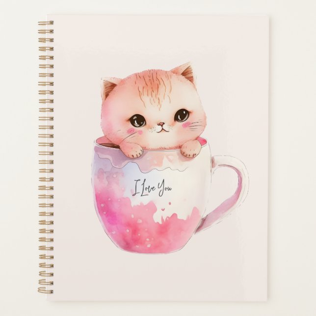 Cute White-Pink Cat in a Tea Cup (2) Planner (Front)