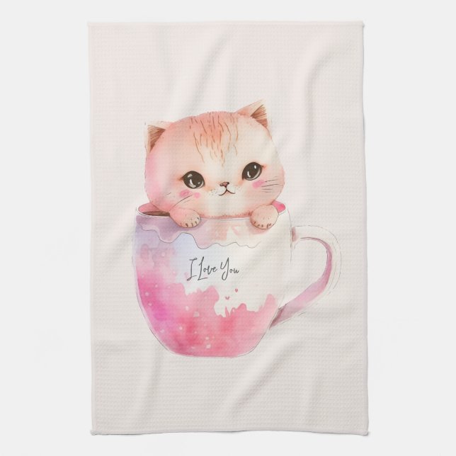 Cute White-Pink Cat in a Tea Cup (2) Towel (Vertical)