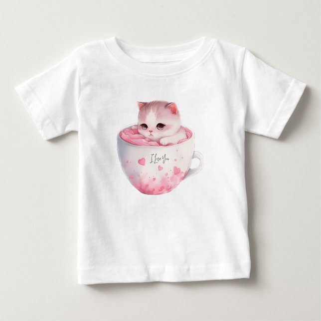 Cute White-Pink Cat in a Tea Cup (3) Baby T-Shirt (Front)