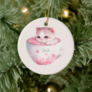 Cute White-Pink Cat in a Tea Cup (3) Ceramic Tree Decoration