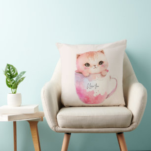 Cute White-Pink Cat in a Tea Cup (3) Cushion