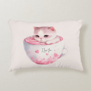 Cute White-Pink Cat in a Tea Cup (3) Decorative Cushion