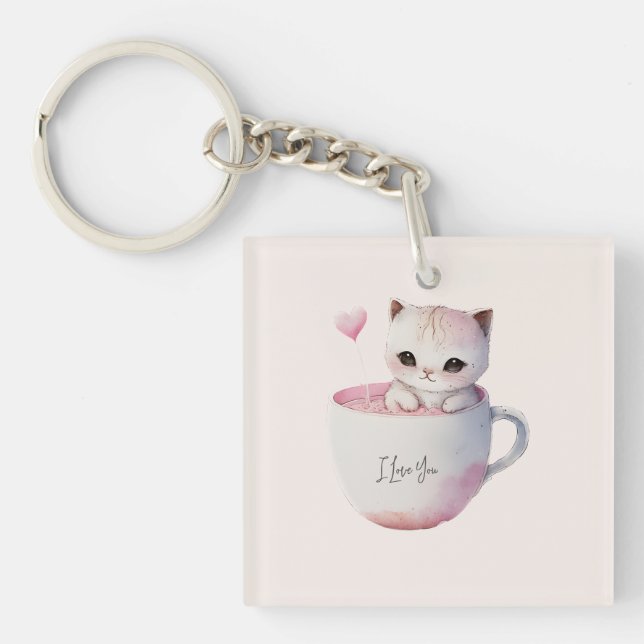 Cute White-Pink Cat in a Tea Cup (4) Key Ring (Front)