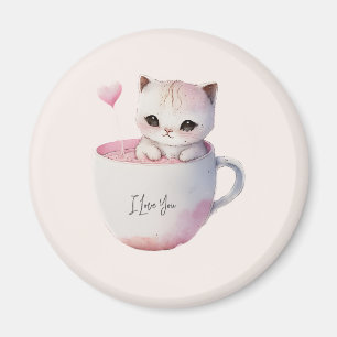 Cute White-Pink Cat in a Tea Cup (4) Magnet