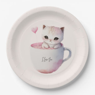 Cute White-Pink Cat in a Tea Cup (4) Paper Plate