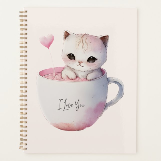 Cute White-Pink Cat in a Tea Cup (4) Planner (Front)