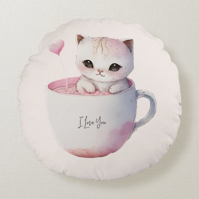 Cute White-Pink Cat in a Tea Cup (4) Round Cushion (Front)
