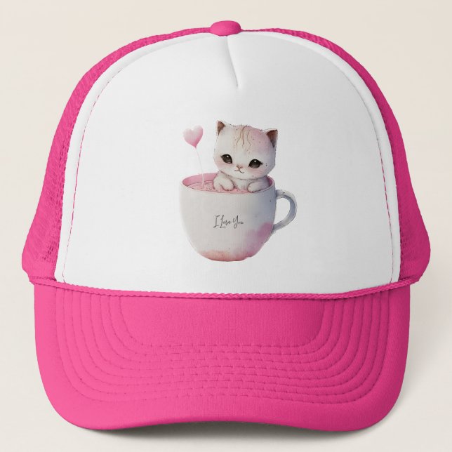 Cute White-Pink Cat in a Tea Cup (4) Trucker Hat (Front)