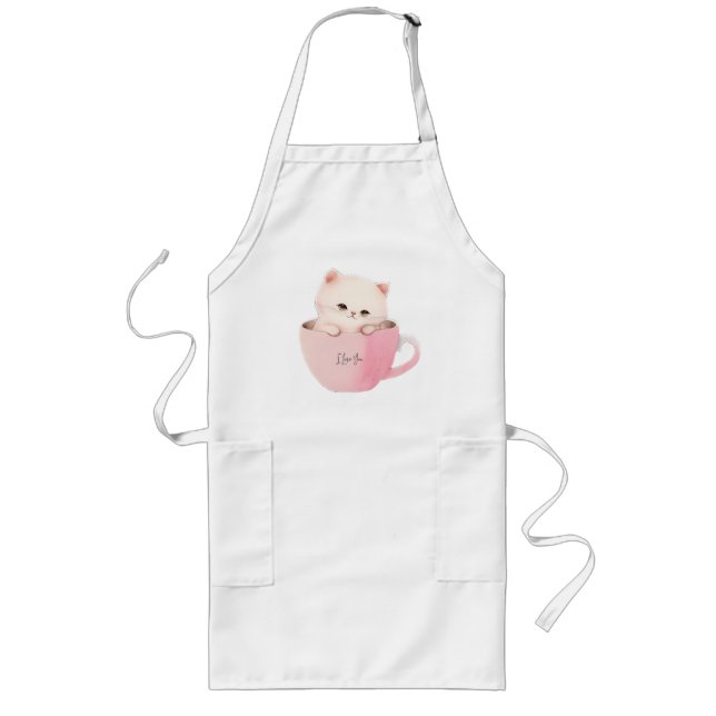 Cute White-Pink Cat in a Tea Cup Long Apron (Front)