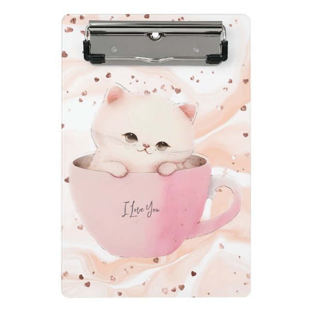 Cute White-Pink Cat in a Tea Cup Mini Clipboard (Front)