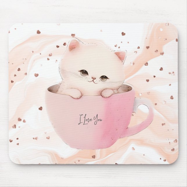 Cute White-Pink Cat in a Tea Cup Mouse Pad (Front)