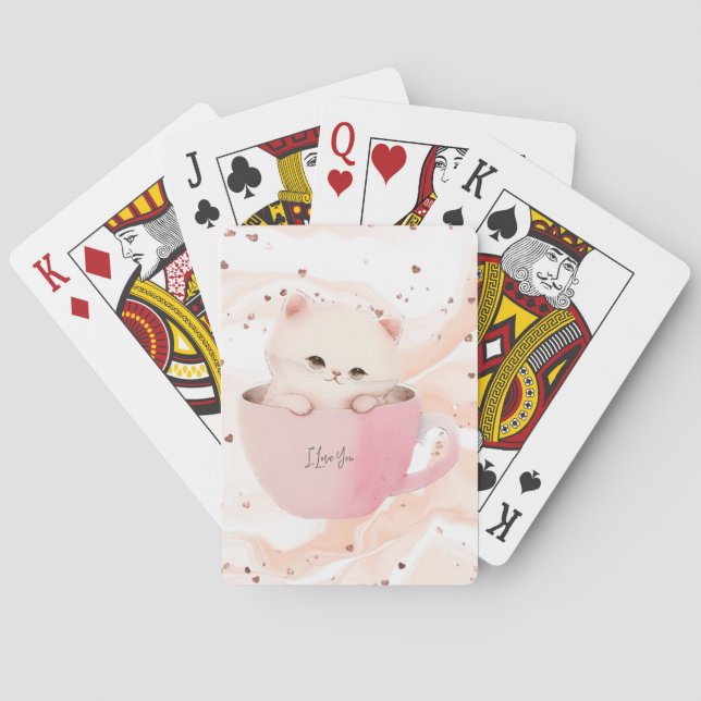 Cute White-Pink Cat in a Tea Cup Playing Cards (Back)