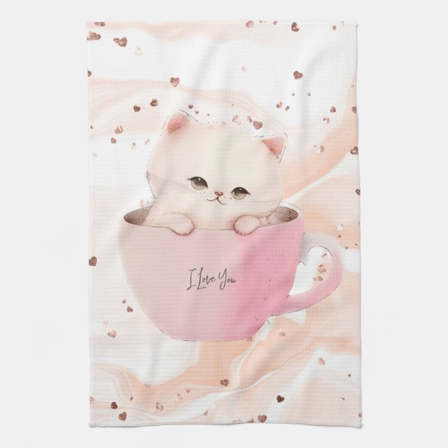 Cute White-Pink Cat in a Tea Cup Tea Towel (Vertical)