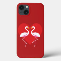Cute White Pink Flamingos with Red Heart