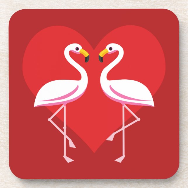 Cute White Pink Flamingos with Red Heart Coaster (Front)
