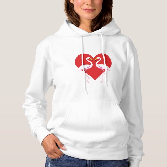 Cute White Pink Flamingos with Red Heart Hoodie (Front)