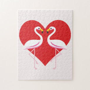 Cute White Pink Flamingos with Red Heart Jigsaw Puzzle