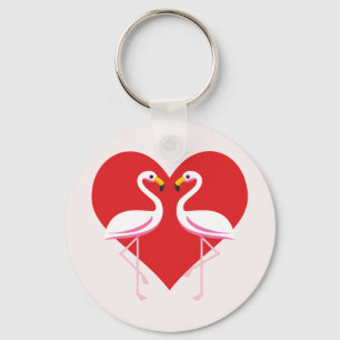 Cute White Pink Flamingos with Red Heart Key Ring
