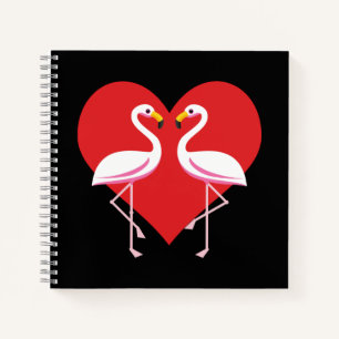 Cute White Pink Flamingos with Red Heart Notebook
