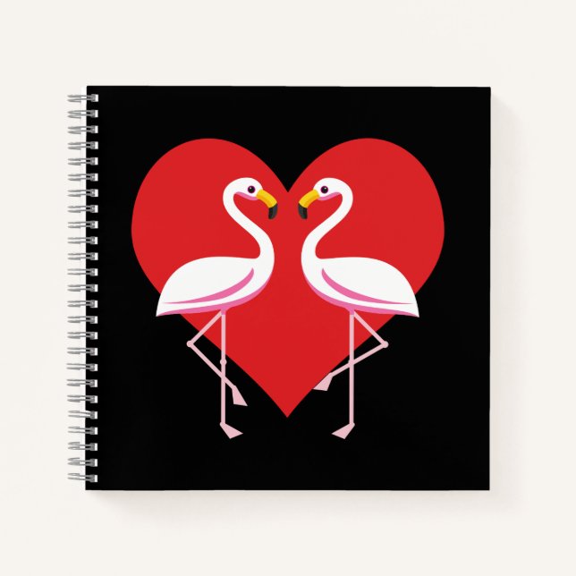 Cute White Pink Flamingos with Red Heart Notebook (Front)