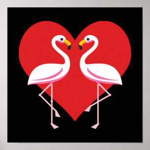 Cute White Pink Flamingos with Red Heart Poster