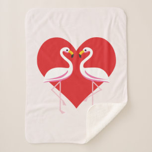 Cute White Pink Flamingos with Red Heart Sherpa Blanket