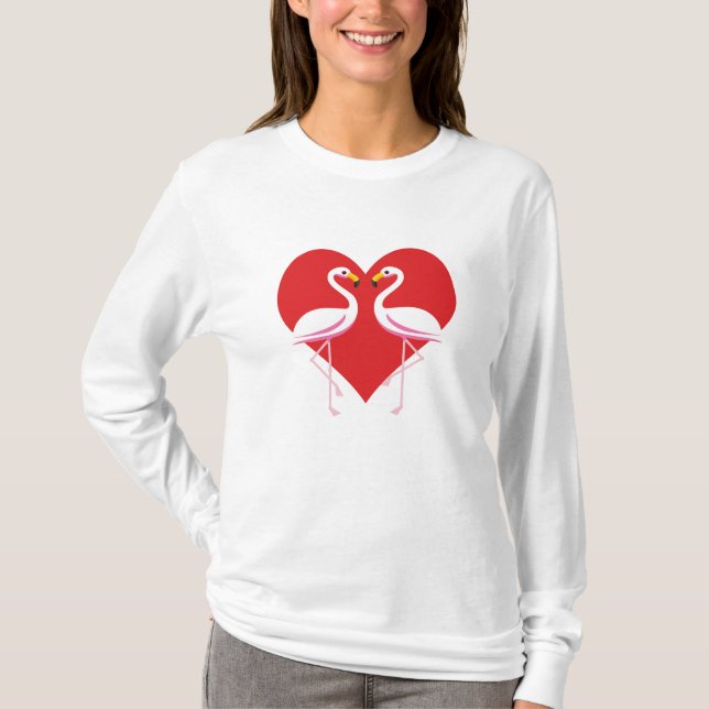 Cute White Pink Flamingos with Red Heart T-Shirt (Front)