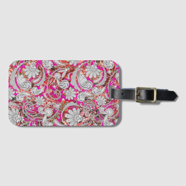 Cute white pink paisley patterns luggage tag (Front Horizontal)