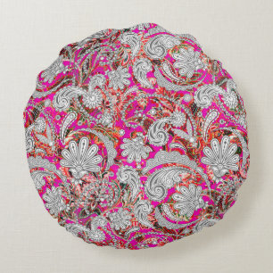 Cute white pink paisley patterns round cushion