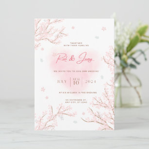 Cute White Pink with Sakura Branches Wedding  Invitation
