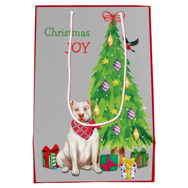 Cute White Pit Bull and Christmas Tree Medium Gift Bag (Back)