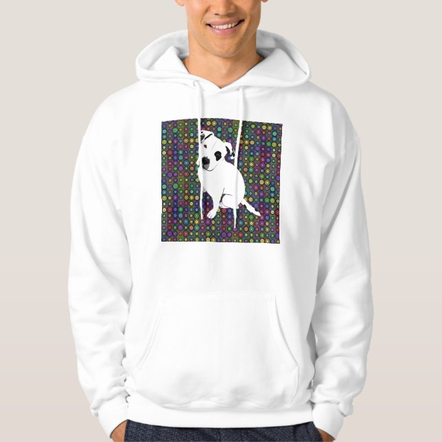 Cute White Pitbull Puppy on Circle Pattern Hoodie (Front)