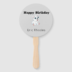Cute white polar bear on gray birthday hand fan