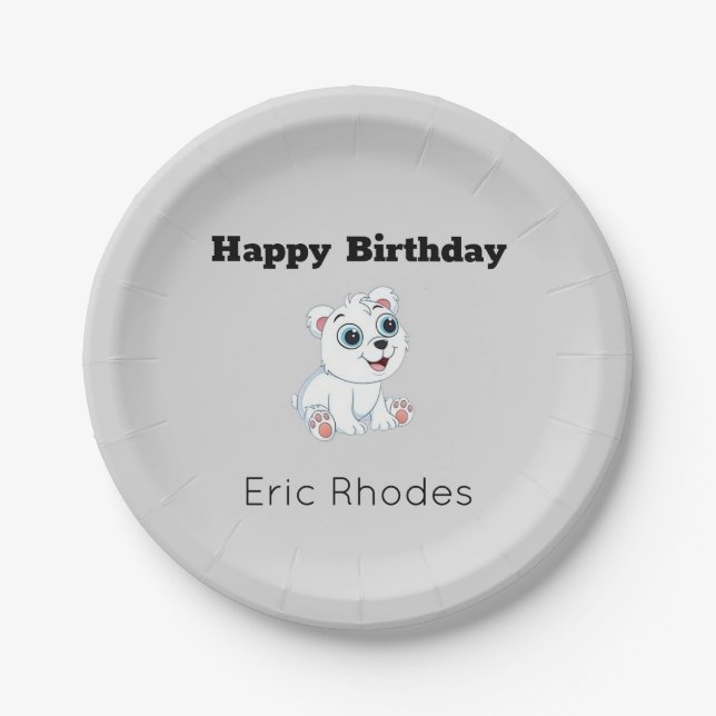 Cute white polar bear on grey birthday paper plate (Front)