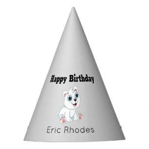 Cute white polar bear on grey birthday party hat