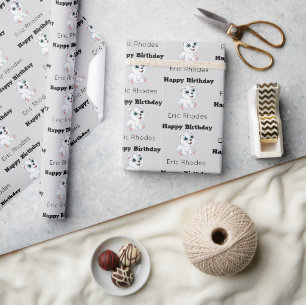 Cute white polar bear on grey birthday wrapping paper