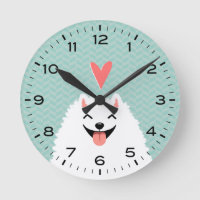 Cute White Pomeranian Dog with Heart Round Clock