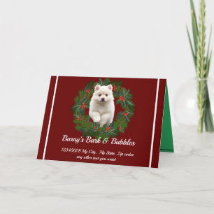 Cute White Pomeranian Dog wreath Holiday Card