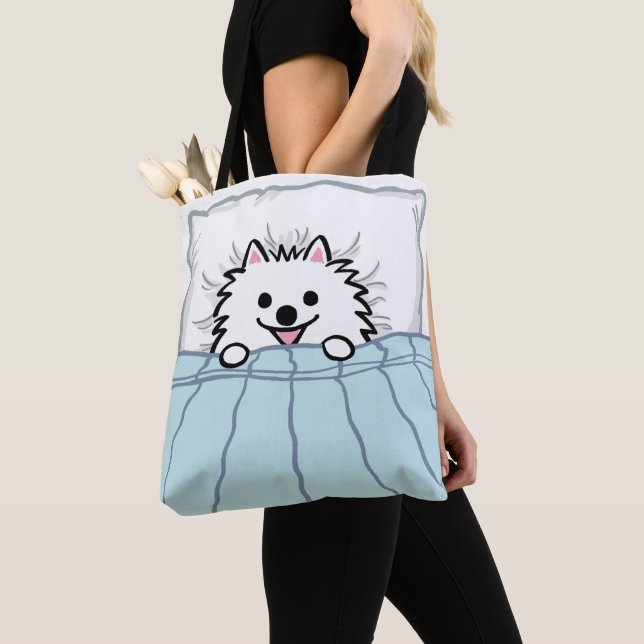 Cute White Pomeranian Tucked in Bed Tote Bag (Close Up)