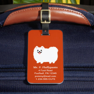 Cute White Pomeranian with Customisable Text Luggage Tag